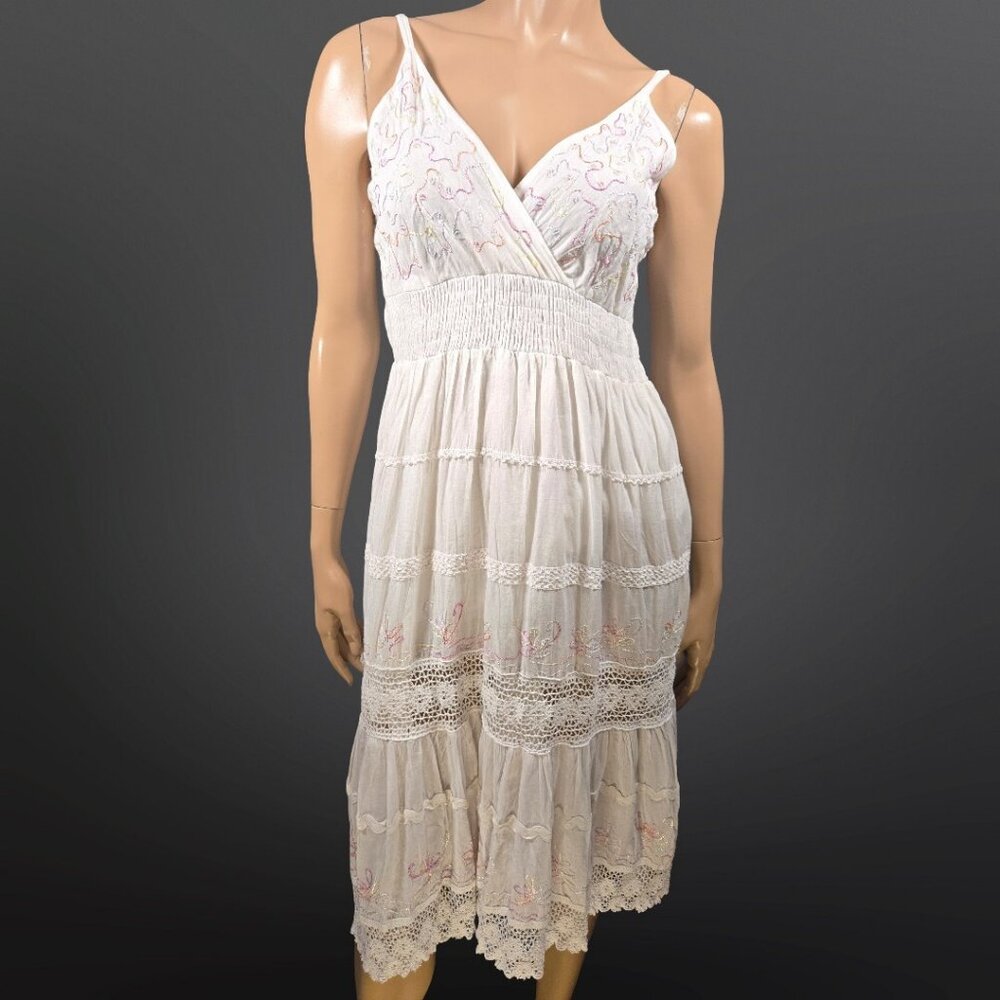 Y2k White Cotton Midi peasant dress Size XL Embroidered Crochet Lace Fairy Boho